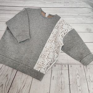 Gray Sweatshirt Style Top with White Lace Panel